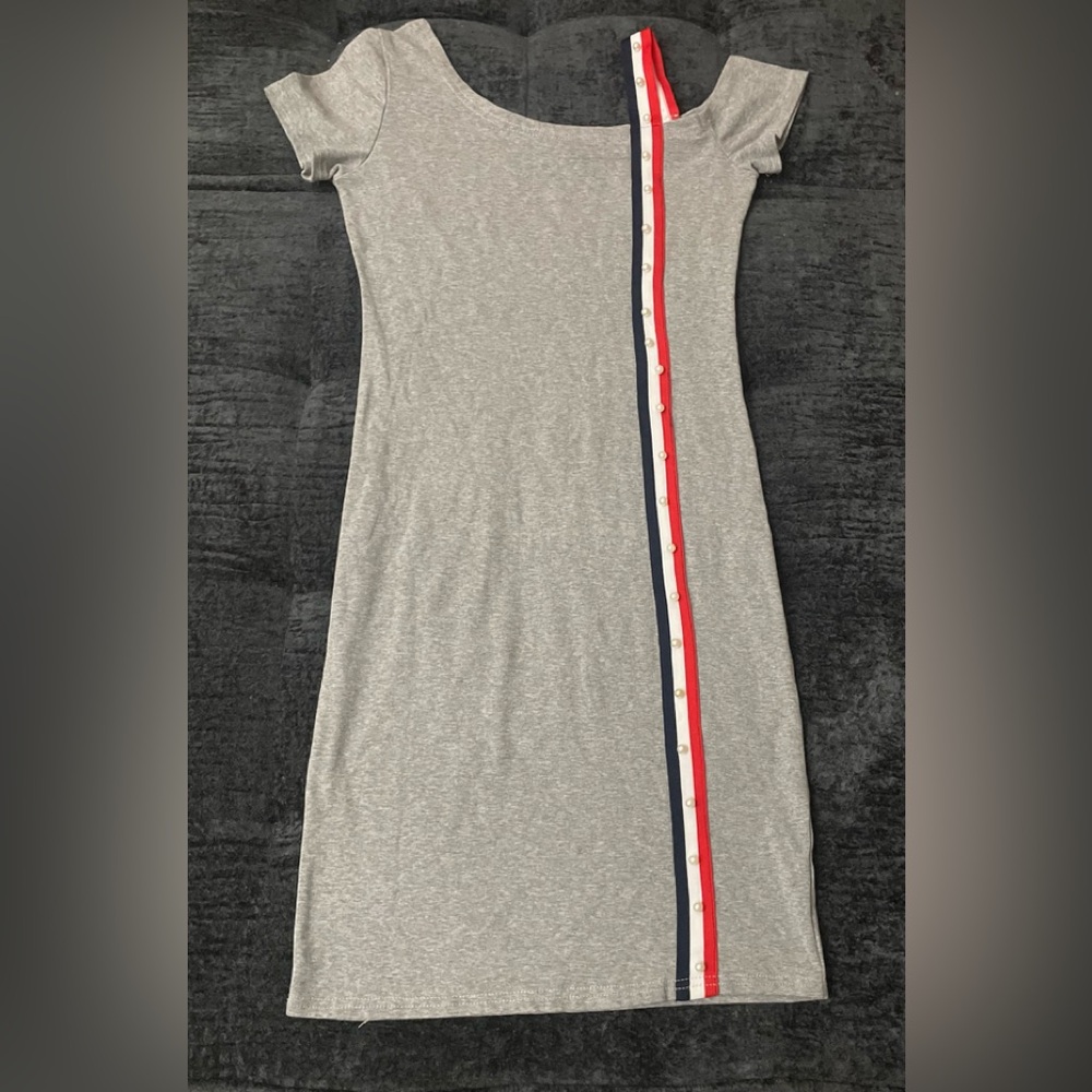 No Boundaries Gray Midi Dress with Red and Blue Stripe
